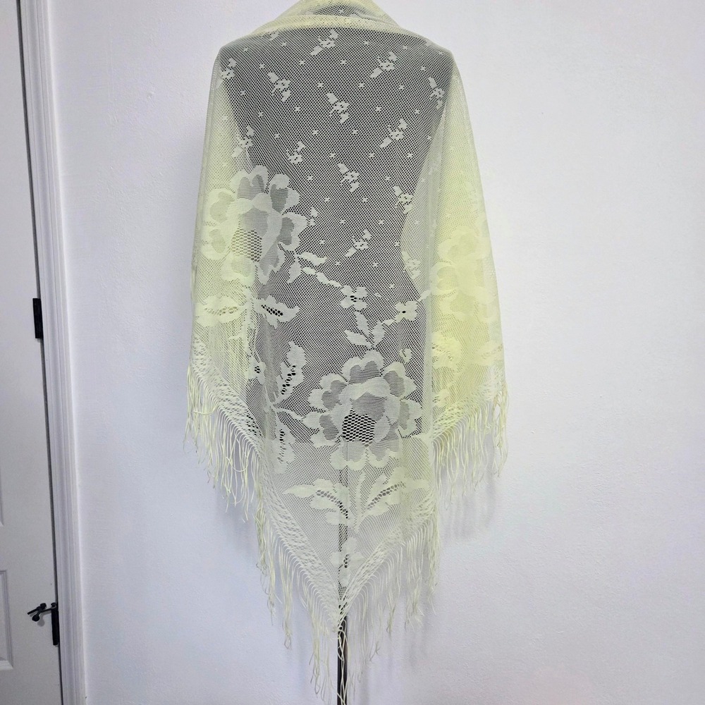 Vintage Yellow Floral Lace Fringe Shawl Triangle Piano Wrap Scarf Boho Wedding